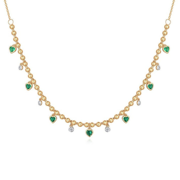 Heart Shaped Emerald Diamond Bead Necklace in 14K Yellow Gold