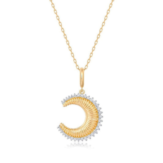 Diamond Edge Moon Charm Pendant Necklace in 14K Yellow Gold