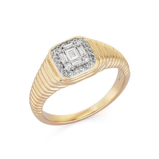Halo Baguette Diamond Textured Ring in 14K Yellow Gold