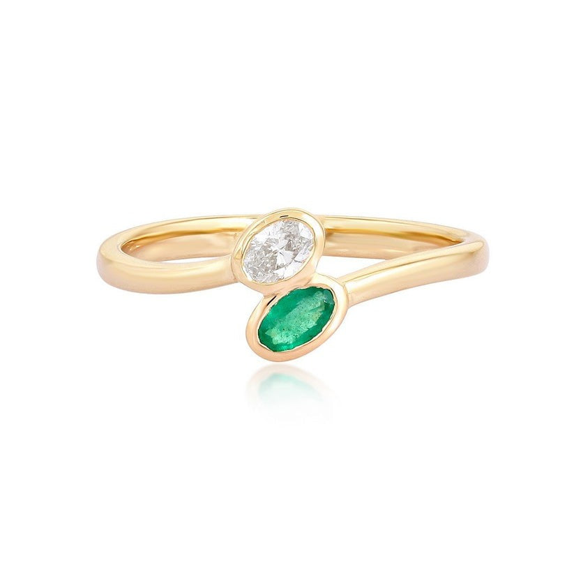 Emerald Diamond Open Wrap Ring in 14K Yellow Gold