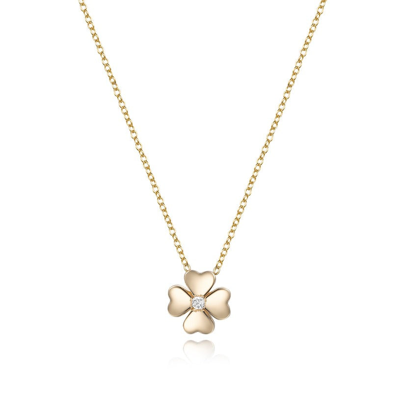 Four Leaf Clover Round Diamond Necklace in 14K Yellow Gold