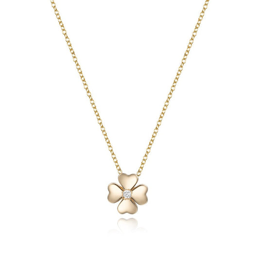 Four Leaf Clover Round Diamond Necklace in 14K Yellow Gold