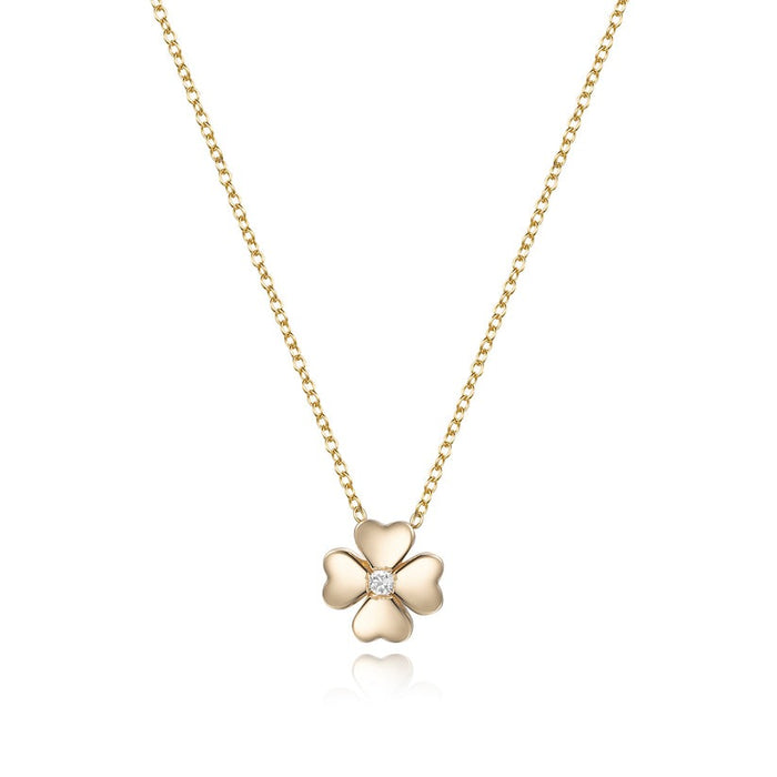 Four Leaf Clover Round Diamond Necklace in 14K Yellow Gold