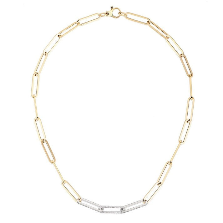 Two Tone Elongated Paperclip Chain Necklace in 14K Yellow Gold