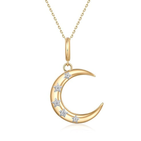 Five Diamond Moon Pendant Necklace in 14K Yellow Gold