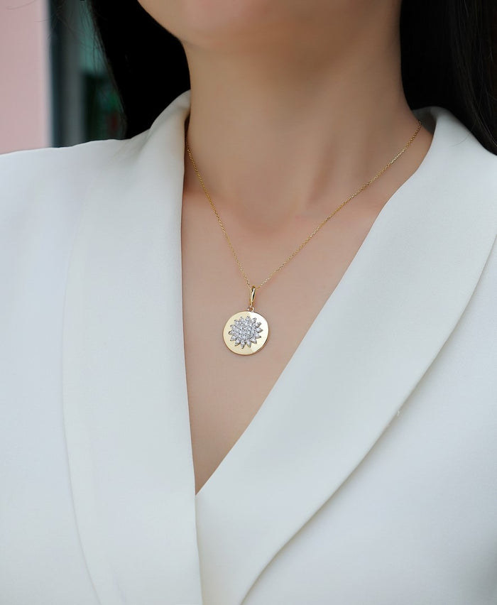 Sunflower Medallion Pendant Diamond Necklace in 14K Yellow Gold