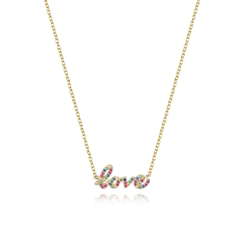 Love Script Pave Sapphire Necklace in 14K Yellow Gold