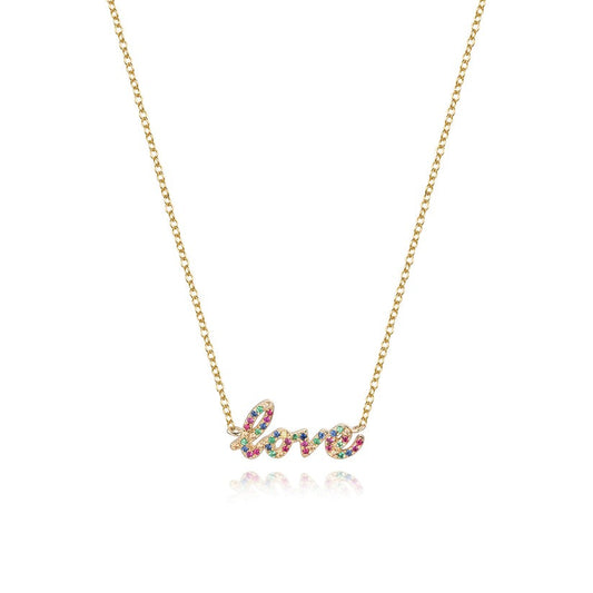 Love Script Pave Sapphire Necklace in 14K Yellow Gold
