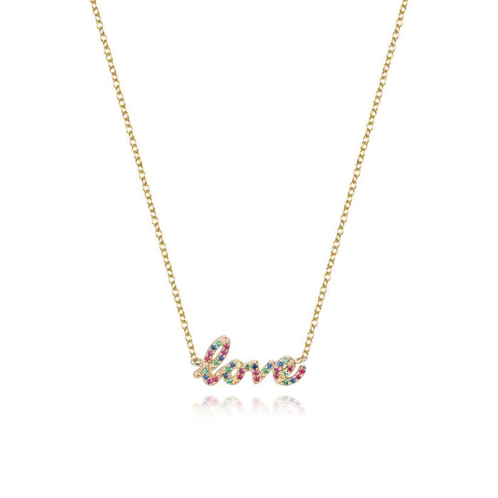 Love Script Pave Sapphire Necklace in 14K Yellow Gold