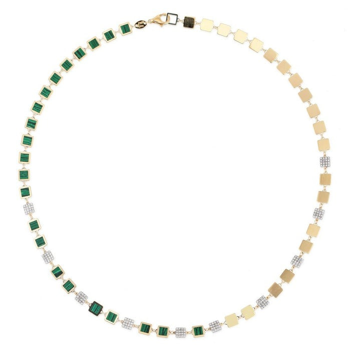 Green Malachite Diamond Square Link Necklace in 14K Yellow Gold