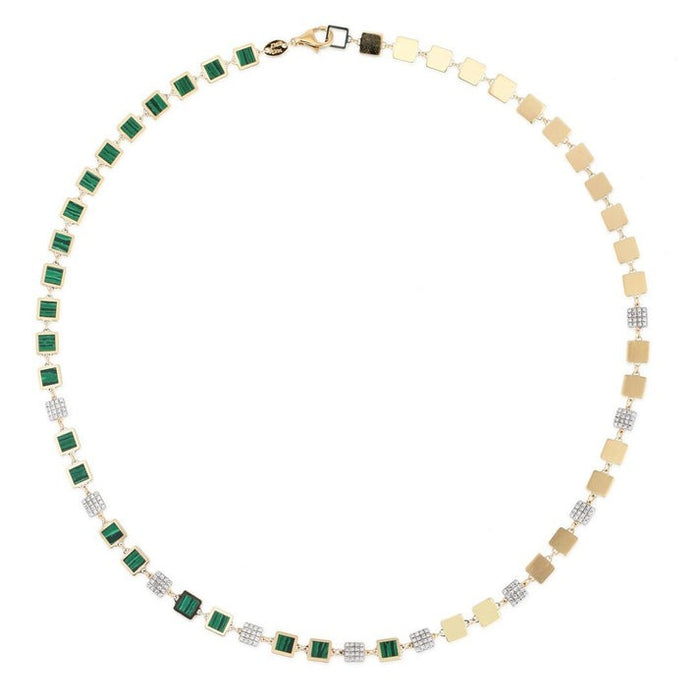 Green Malachite Diamond Square Link Necklace in 14K Yellow Gold