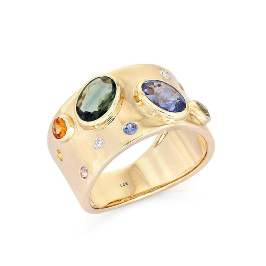 Diamond Multi-Sapphire Cigar Band Ring in 14K Yellow Gold