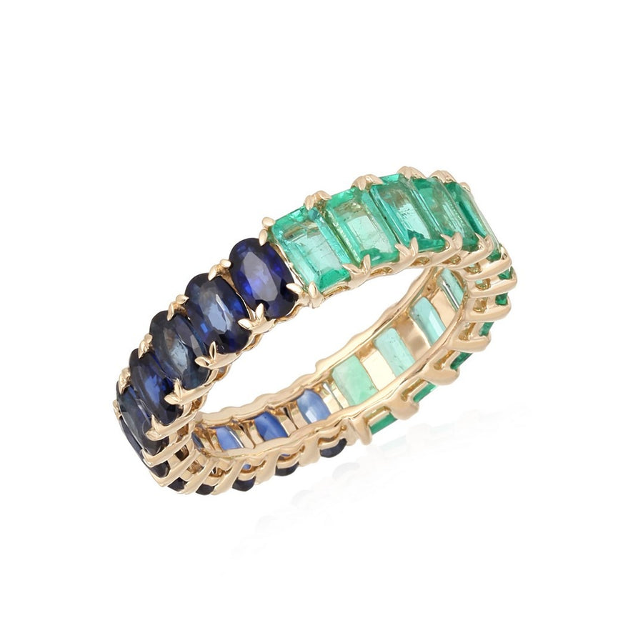 Emerald Blue Sapphire Diamond Eternity Ring in 14K Yellow Gold