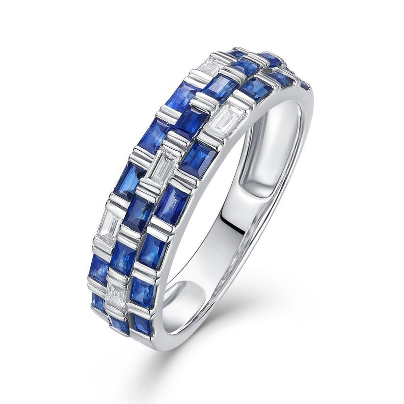 Baguette Sapphire Diamond Ring in 14K White Gold