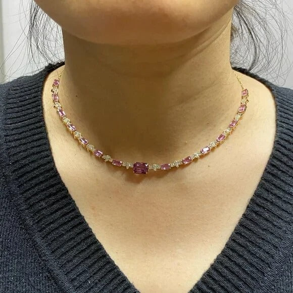 Diamond Choker Certified 2 Carat Pink Sapphire Emerald Cut Necklace