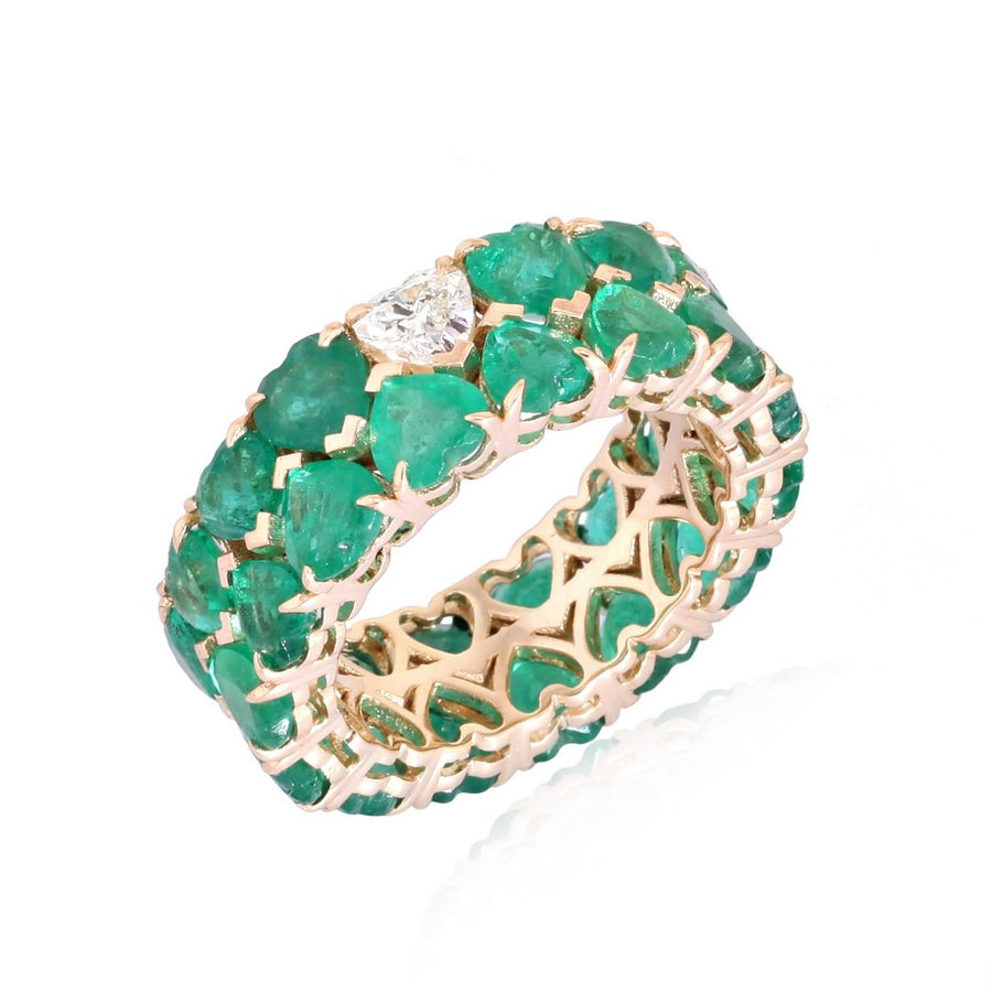 Heart Emerald Diamond Eternity Band Ring in 14K Yellow Gold