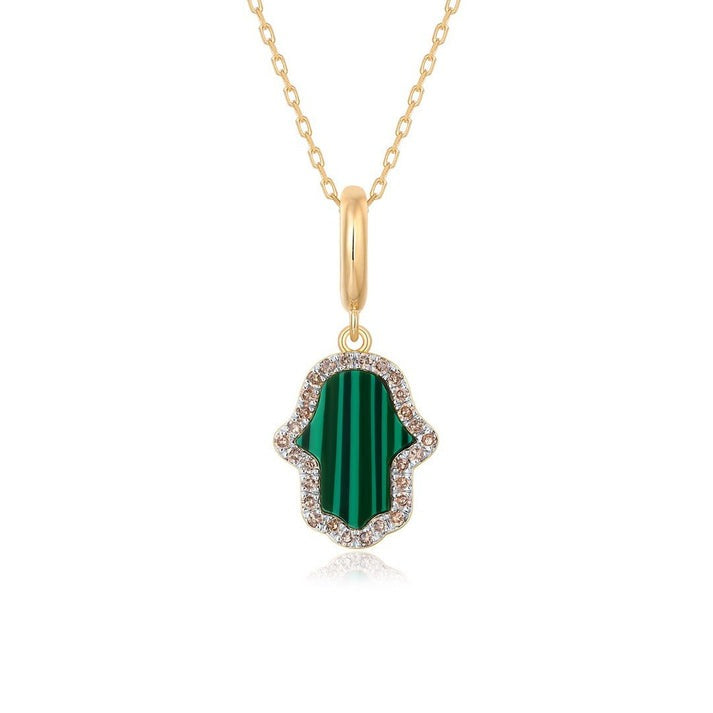 Malachite Hamsa Pendant Diamond Necklace in 14K Yellow Gold