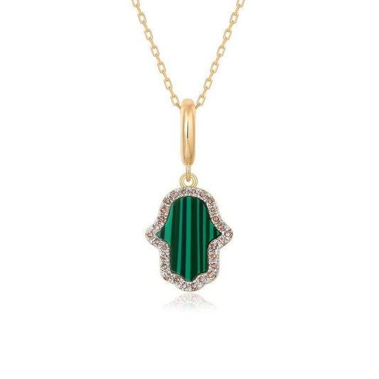 Malachite Hamsa Pendant Diamond Necklace in 14K Yellow Gold