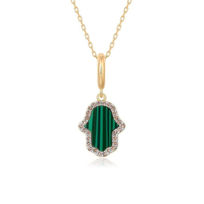 Malachite Hamsa Pendant Diamond Necklace in 14K Yellow Gold