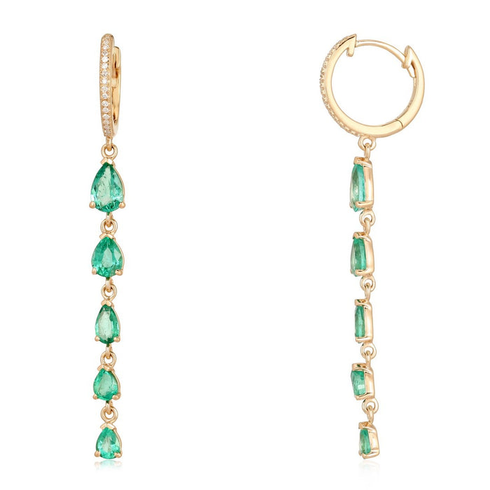 Graduated Pear Cut Emeralds Long Drop Earrings in 14K Gold