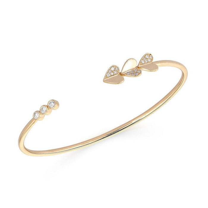Open Heart Leaf Diamond Bangle Bracelet in 14K Yellow Gold