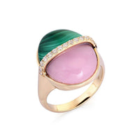 Diamonds Malachite Pink Quartz Signet Ring in 14K Yellow Gold