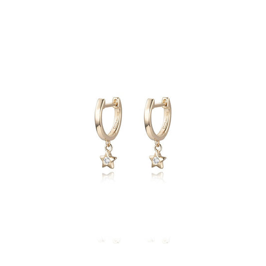 Gold Star Charm Diamond Hoop Earrings in 14K Gold