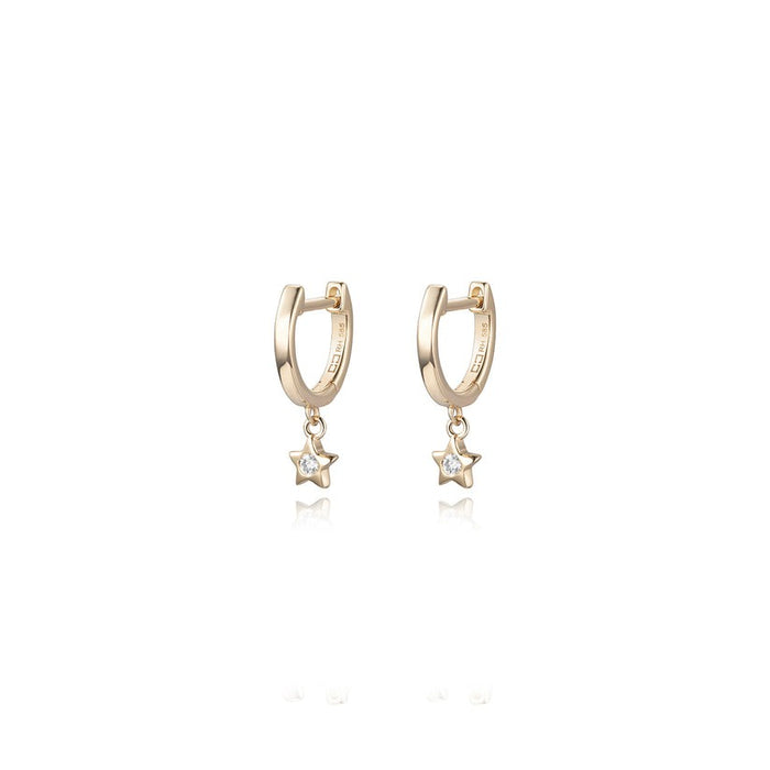 Gold Star Charm Diamond Hoop Earrings in 14K Gold