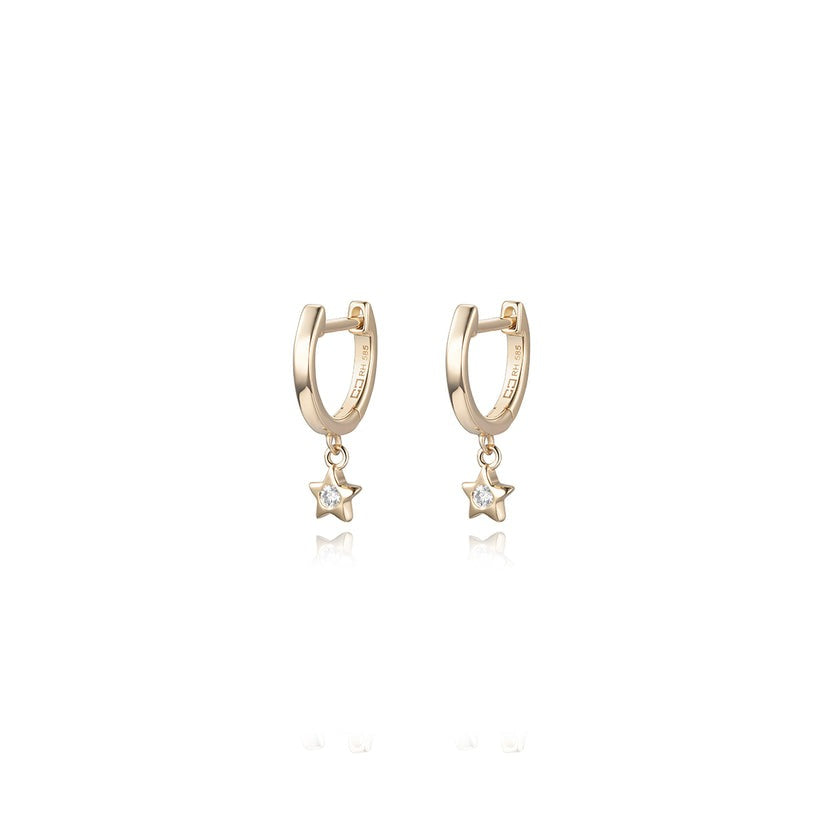 Gold Star Charm Diamond Hoop Earrings in 14K Gold