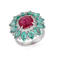 Ruby Emerald Diamond Signet Ring in 18K Yellow Gold