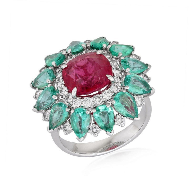 Ruby Emerald Diamond Signet Ring in 18K Yellow Gold