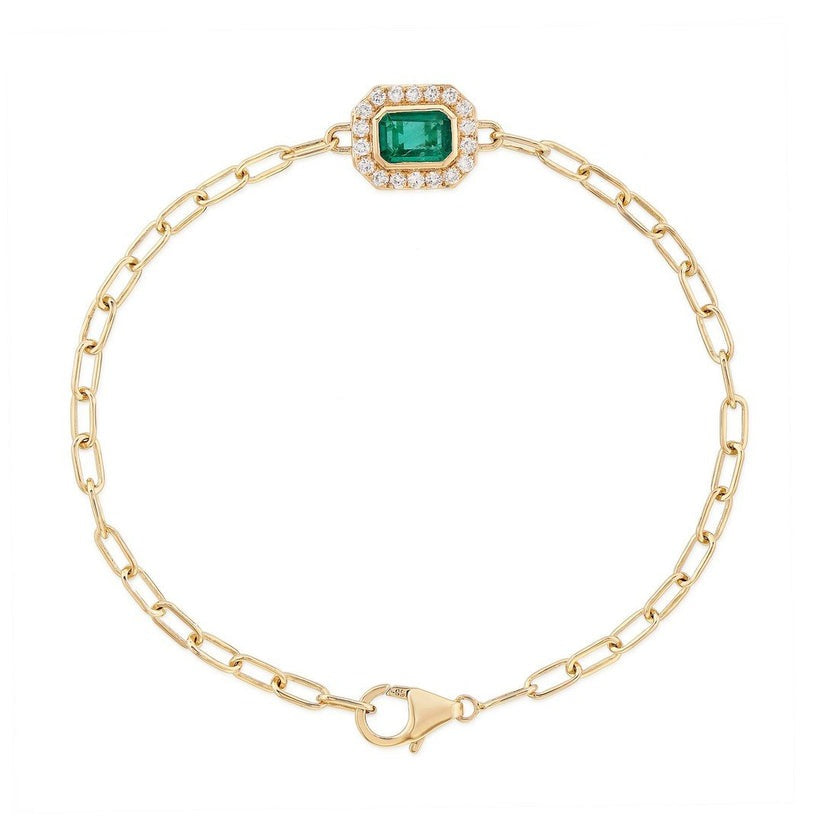 Green Halo Emerald Centre Paperclip Chain Bracelet in 14K Gold
