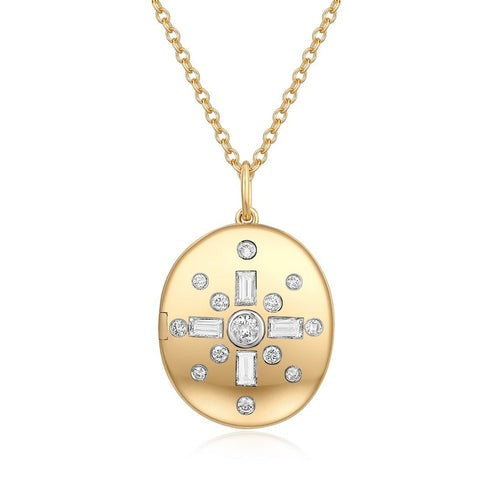 Celestial Cross Diamond Locket Necklace in 14K Yellow Gold