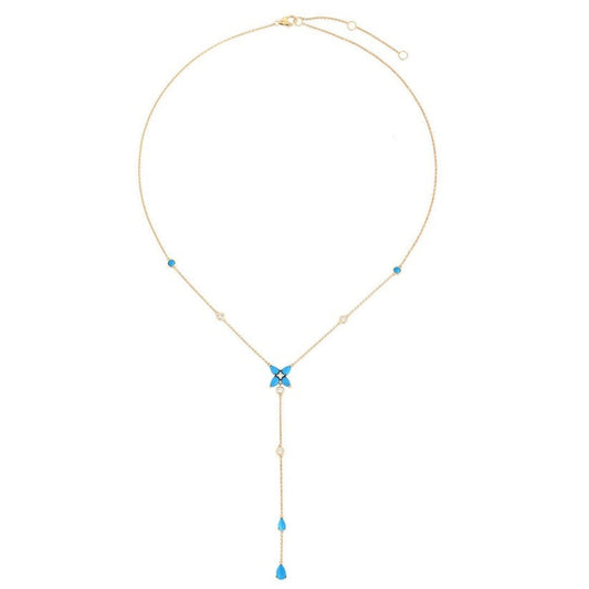 Turquoise Enamel Flower Lariat Necklace in 14K Yellow Gold