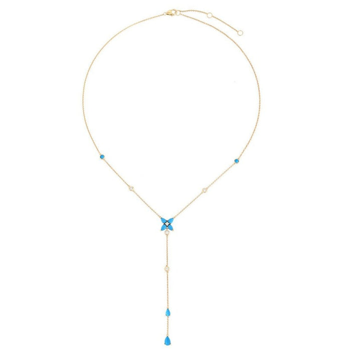 Turquoise Enamel Flower Lariat Necklace in 14K Yellow Gold