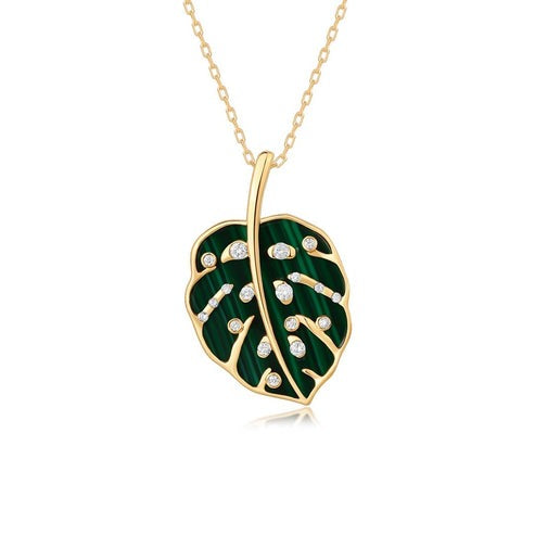 Diamond Malachite Pendant Necklace in 14K Yellow Gold
