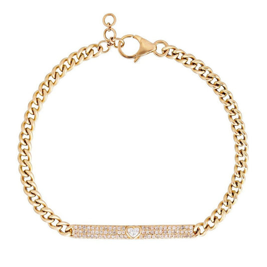 Diamond Heart Bar Curb Chain Bracelet in 14K Gold