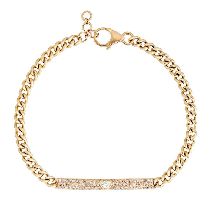 Diamond Heart Bar Curb Chain Bracelet in 14K Gold