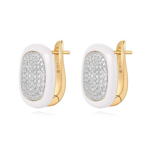 White Enamel Cushion Diamond Pave Stud Earrings in 14K Yellow Gold