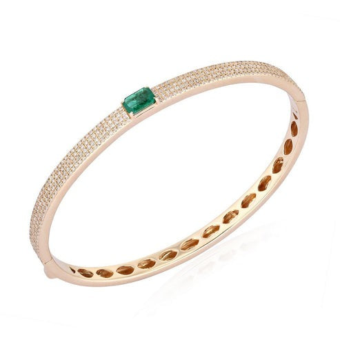 Green Emerald Center Pave Diamond Bangle Bracelet in 14K Yellow Gold