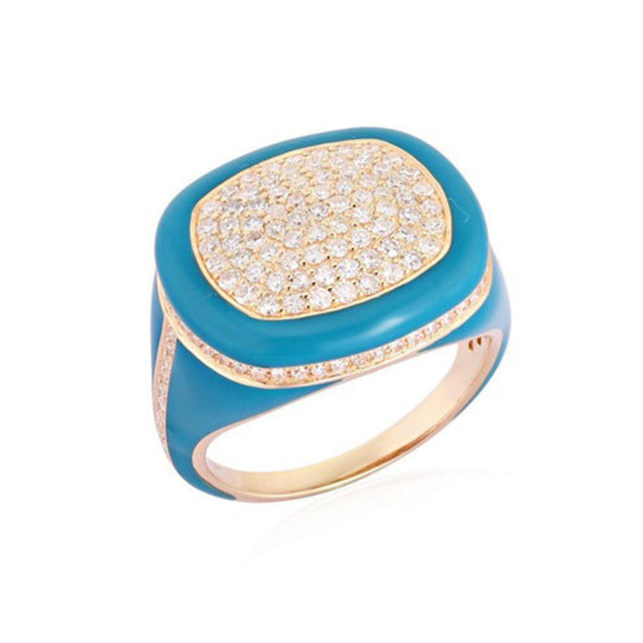 Turquoise Diamond 14K (or 18k upon request) Yellow Gold Enamel Signet Ring