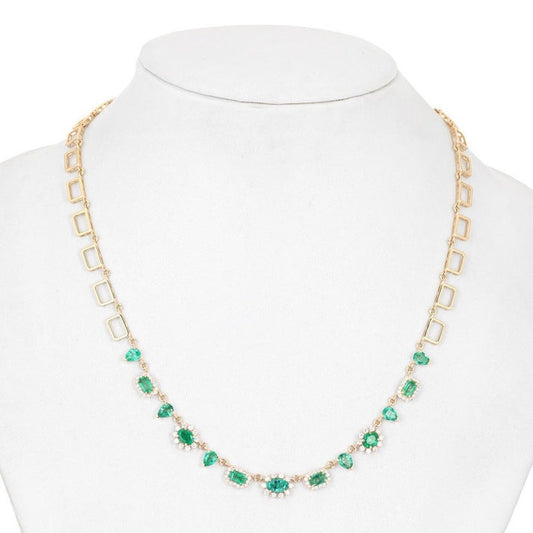 Gemstone Emerald Signature Diamond Link Necklace in 14K Yellow Gold