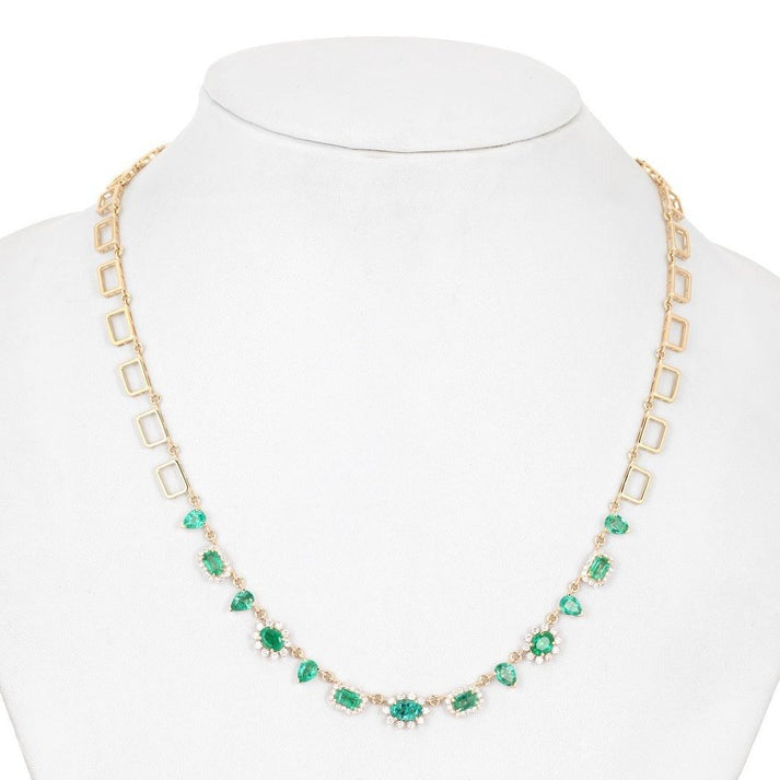 Gemstone Emerald 14K (or 18k upon request) Yellow Gold Diamond Link Necklace
