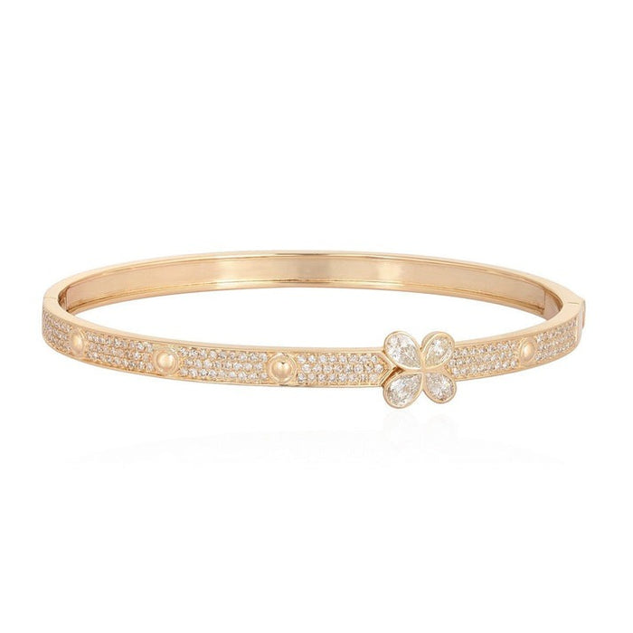 Floral Diamond Pave Detailing Bangle Bracelet in 14K Yellow Gold