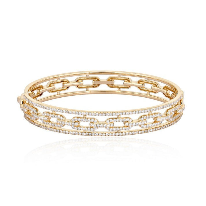 Triple Row Chain Link Diamond Bangle Bracelet in 14K Yellow Gold