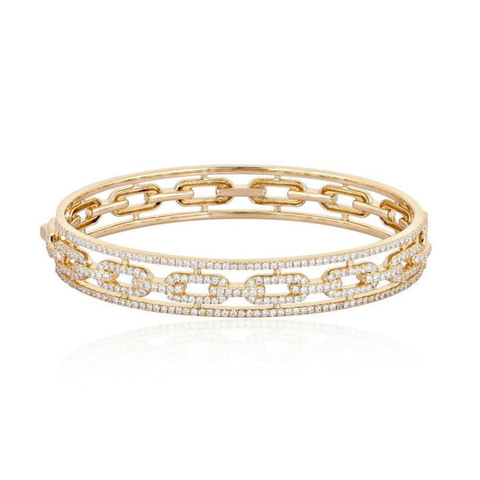 Triple Row Chain Link Diamond Bangle Bracelet in 14K Yellow Gold