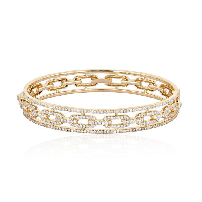 Triple Row Chain Link Diamond Bangle Bracelet in 14K Yellow Gold