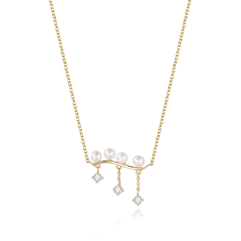 Curved Bar Pearl Round Diamond Necklace in 14K Yellow Gold