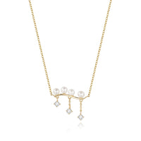 Curved Bar Pearl Round Diamond Necklace in 14K Yellow Gold