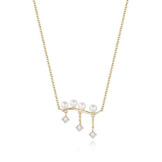 Curved Bar Pearl Round Diamond Necklace in 14K Yellow Gold